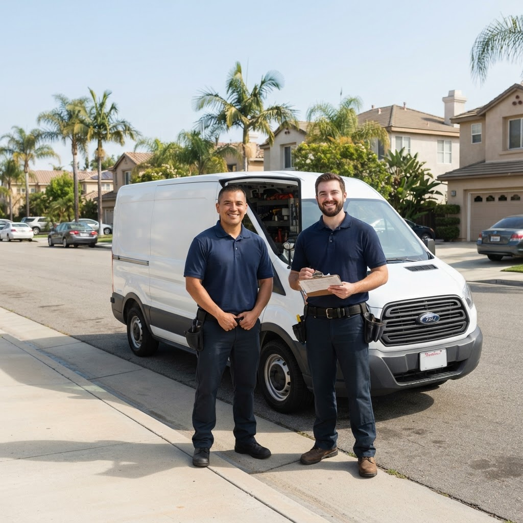 Two Local Brothers Garage Doors technicians standing in front of their service van