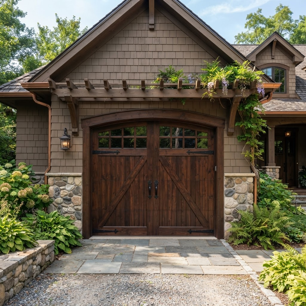 Dark stained wood carriage-house style garage door with decorative hardware