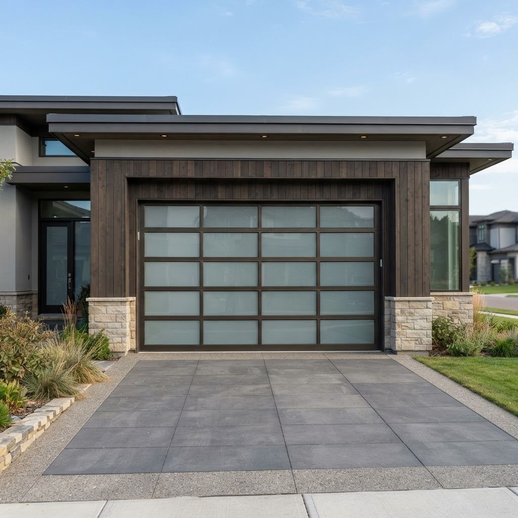 Aluminum and frosted glass full-view garage door on a modern luxury home