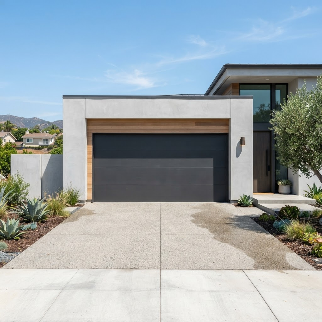 Matte dark gray modern flush-panel garage door on a contemporary home
