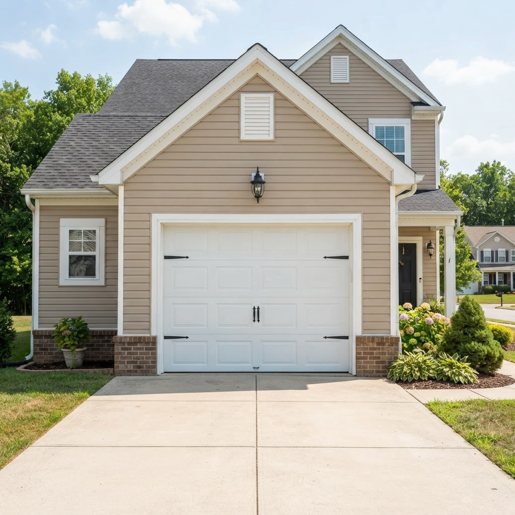 White traditional raised-panel garage door on a classic suburban home
