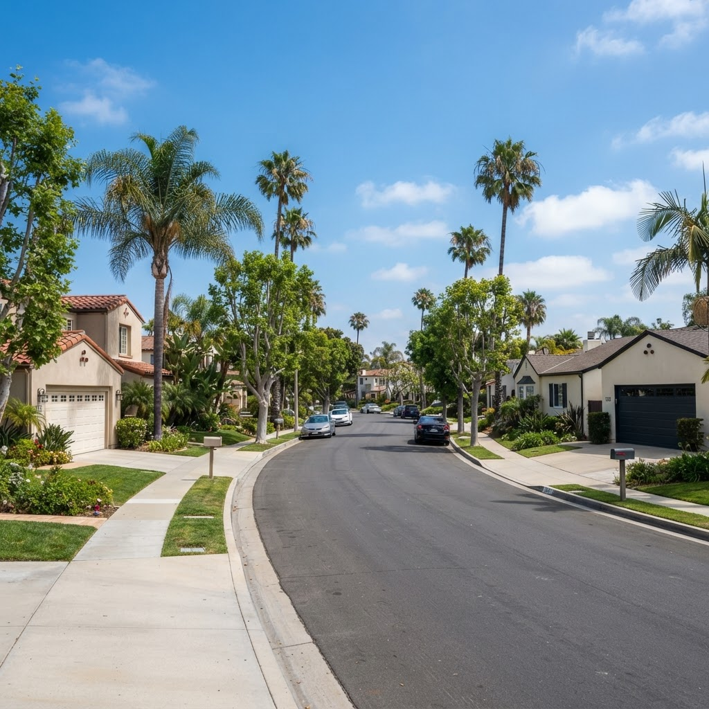 Residential street of single-family homes with attached garages in Santa Ana, California